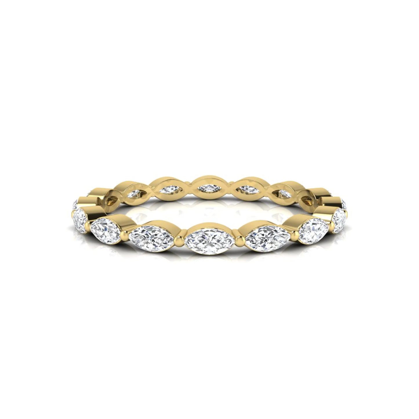 Marquise cut lab grown diamond eternity band ring with shared prong setting in yellow gold tone