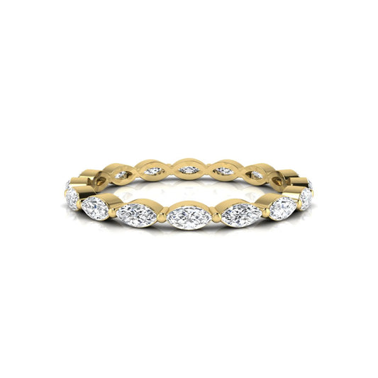 Marquise cut lab grown diamond eternity band ring with shared prong setting in yellow gold tone