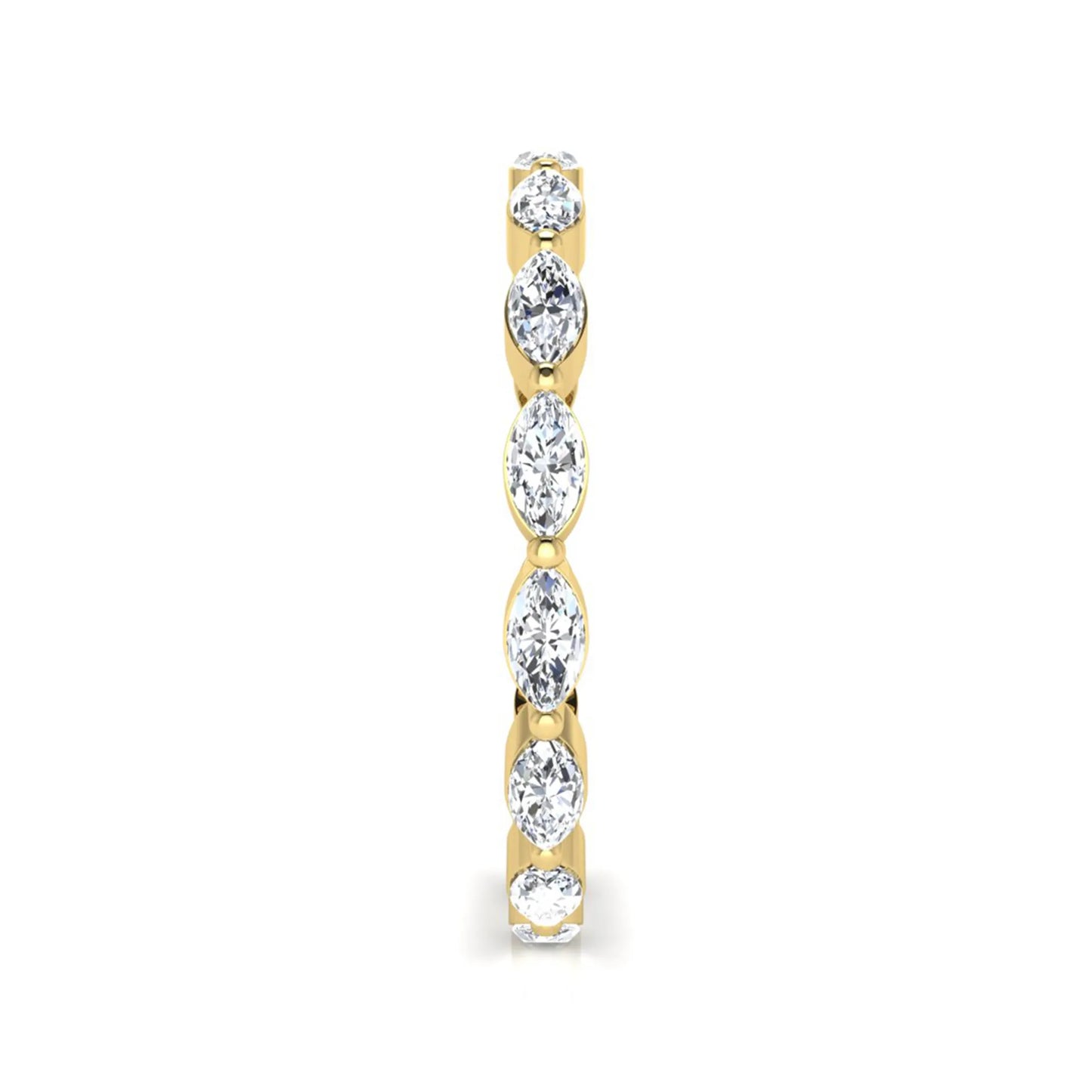 Marquise cut lab grown diamond eternity band ring with shared prong setting in yellow gold tone