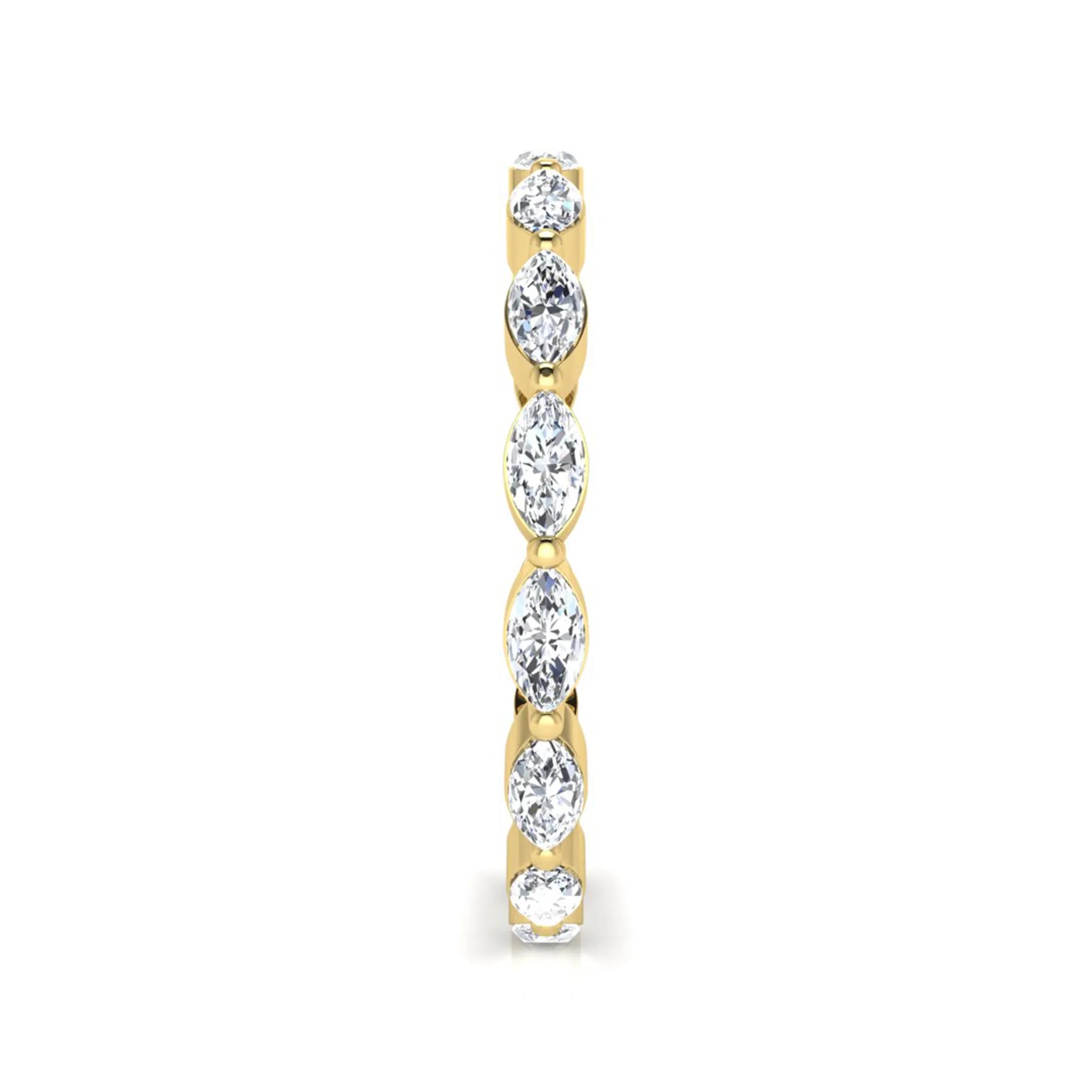 Marquise cut lab grown diamond eternity band ring with shared prong setting in yellow gold tone
