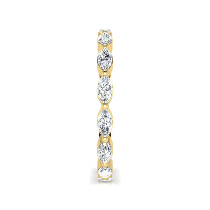 Marquise cut lab grown diamond eternity band ring with shared prong setting in yellow gold tone