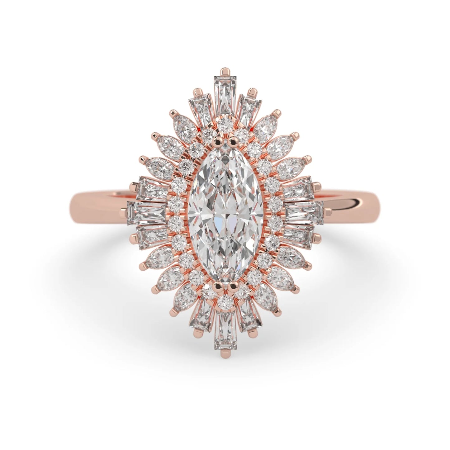marquise floral double halo lab grown diamond statement engagement ring with round, marquise, and baguette side diamonds in rose gold