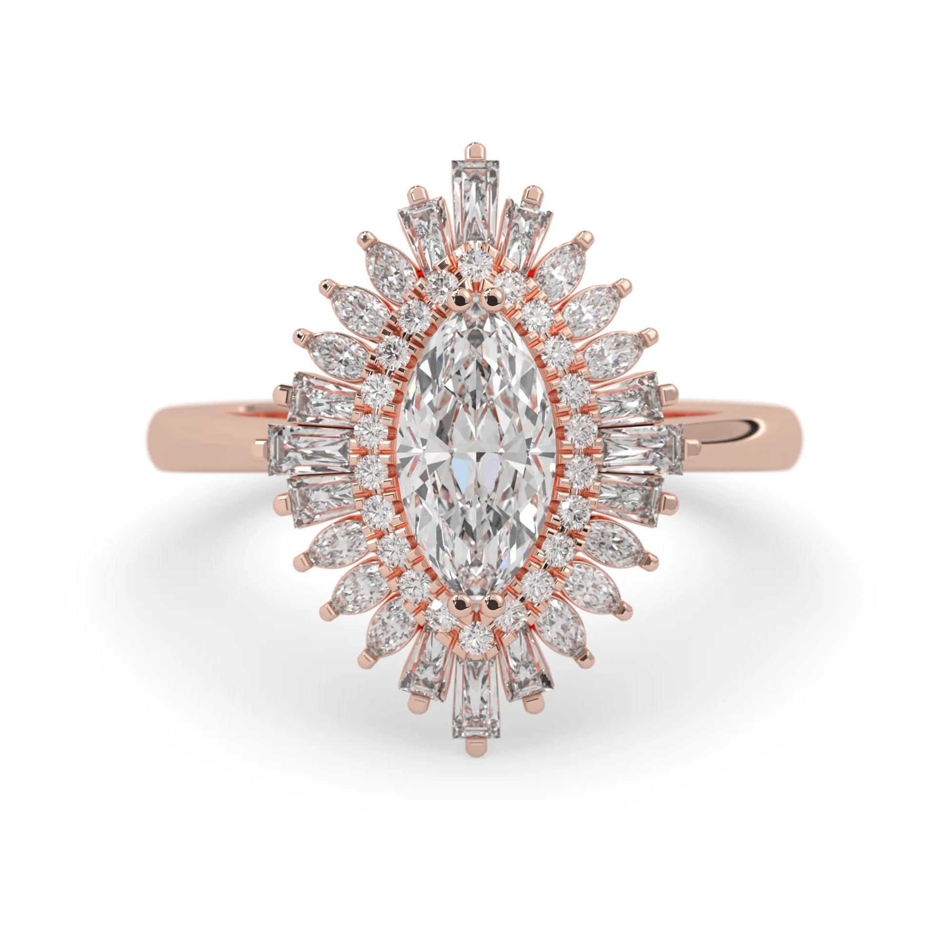 marquise floral double halo lab grown diamond statement engagement ring with round, marquise, and baguette side diamonds in rose gold