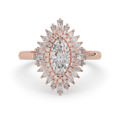 marquise floral double halo lab grown diamond statement engagement ring with round, marquise, and baguette side diamonds in rose gold