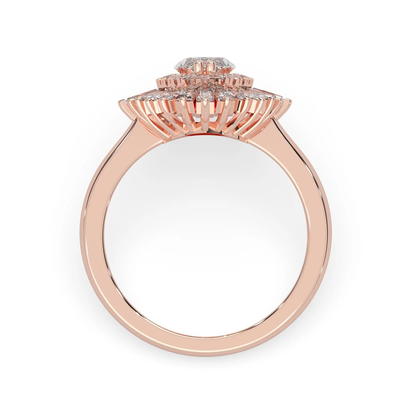 marquise floral double halo lab grown diamond statement engagement ring with round, marquise, and baguette side diamonds in rose gold