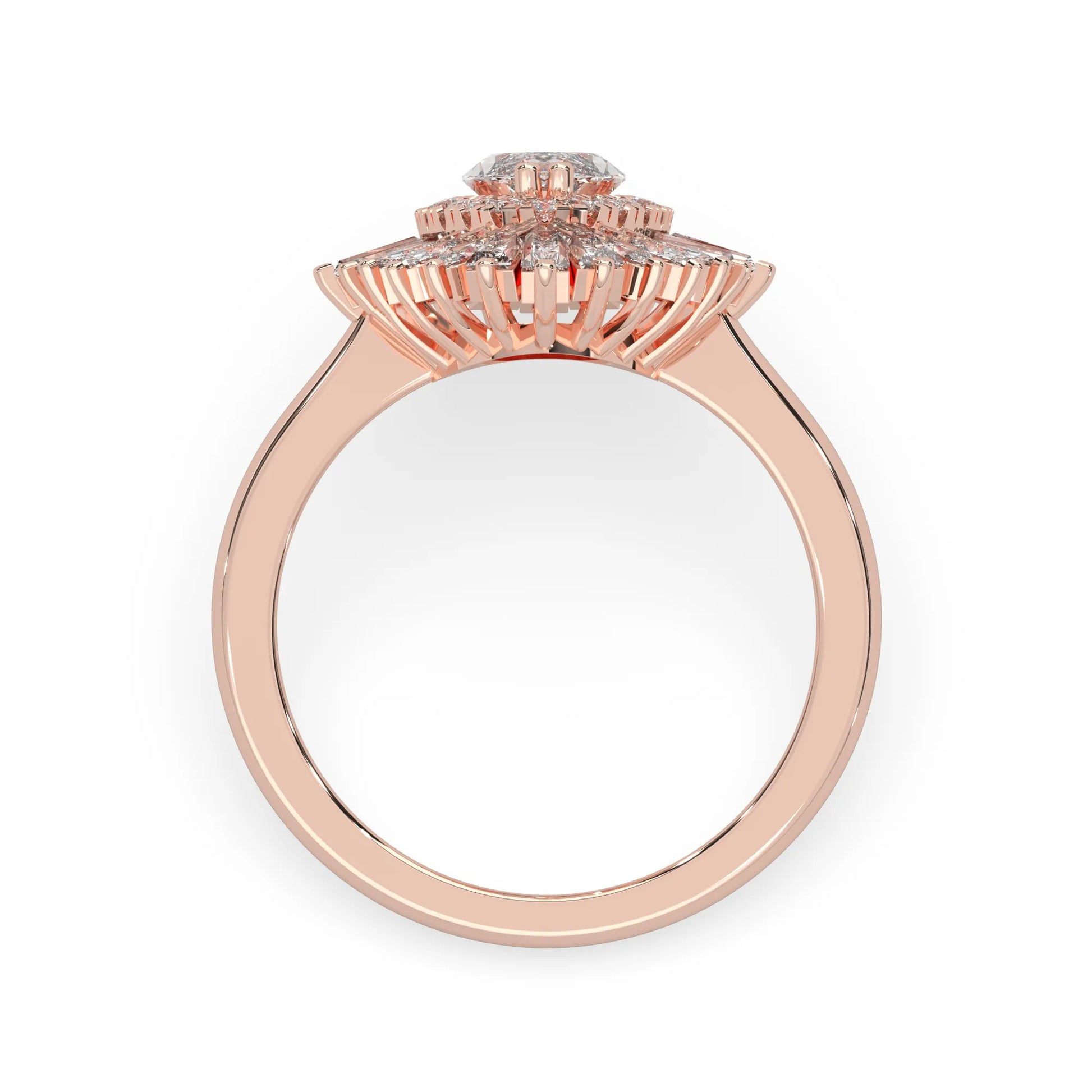 marquise floral double halo lab grown diamond statement engagement ring with round, marquise, and baguette side diamonds in rose gold