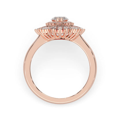 marquise floral double halo lab grown diamond statement engagement ring with round, marquise, and baguette side diamonds in rose gold
