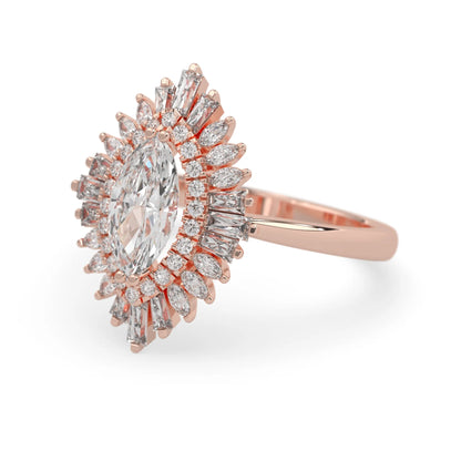 marquise floral double halo lab grown diamond statement engagement ring with round, marquise, and baguette side diamonds in rose gold