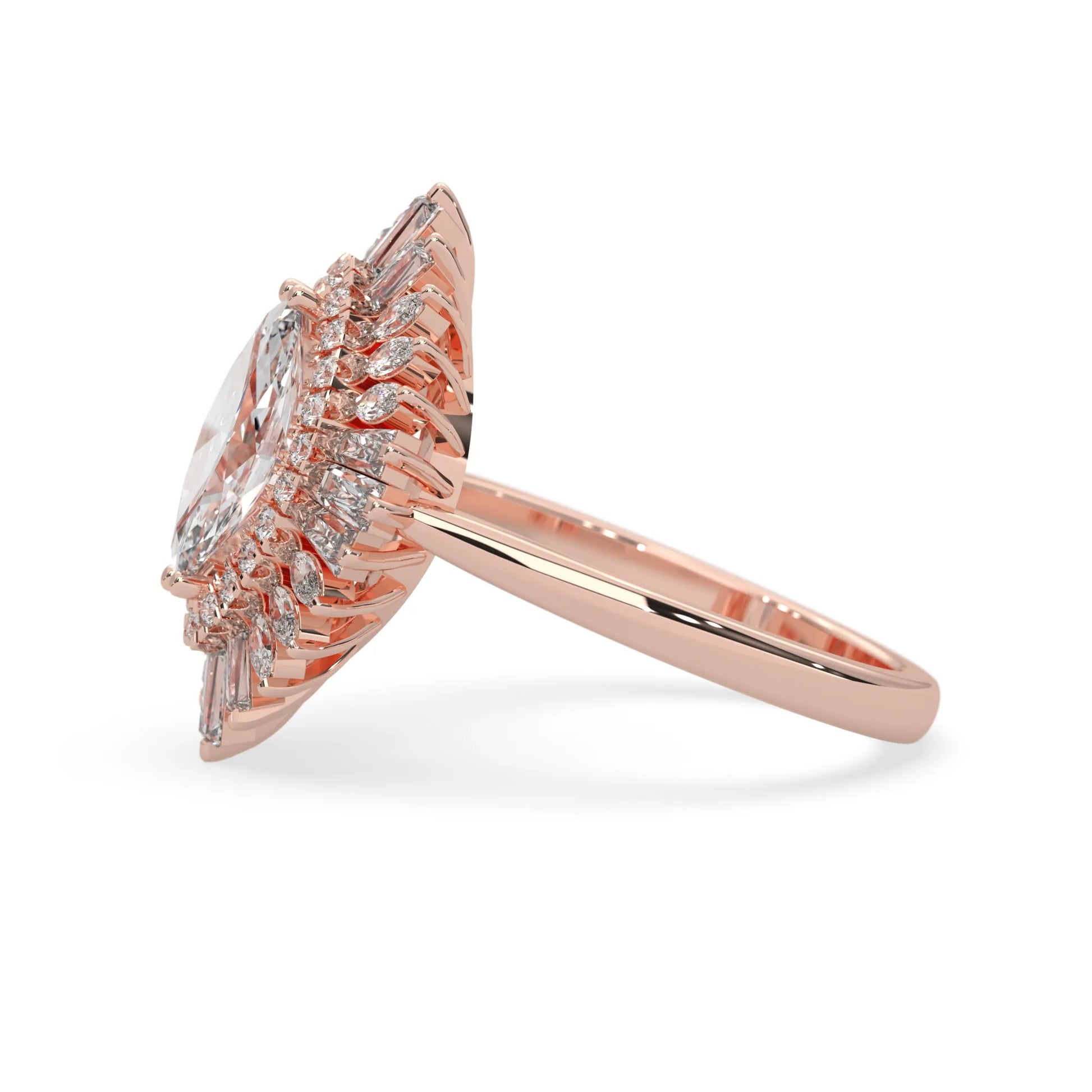 marquise floral double halo lab grown diamond statement engagement ring with round, marquise, and baguette side diamonds in rose gold