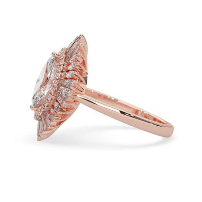 marquise floral double halo lab grown diamond statement engagement ring with round, marquise, and baguette side diamonds in rose gold