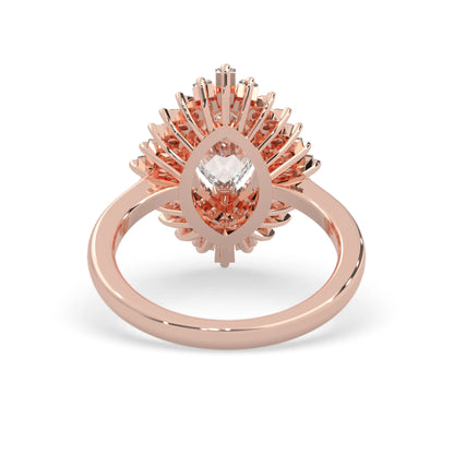 marquise floral double halo lab grown diamond statement engagement ring with round, marquise, and baguette side diamonds in rose gold