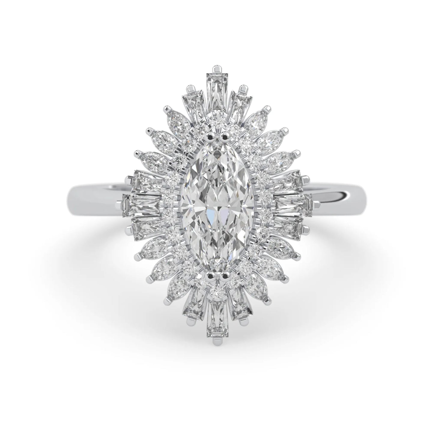 marquise floral double halo lab grown diamond statement engagement ring with round, marquise, and baguette side diamonds in white gold