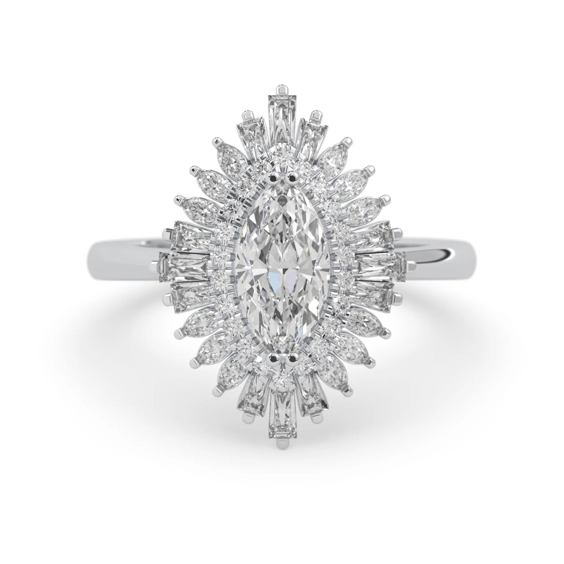marquise floral double halo lab grown diamond statement engagement ring with round, marquise, and baguette side diamonds in white gold