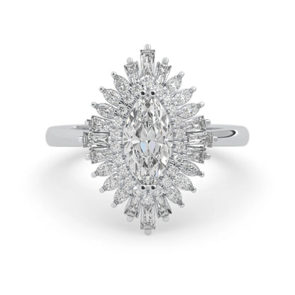 marquise floral double halo lab grown diamond statement engagement ring with round, marquise, and baguette side diamonds in white gold