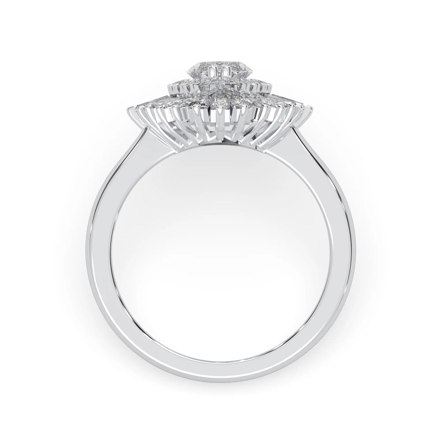 marquise floral double halo lab grown diamond statement engagement ring with round, marquise, and baguette side diamonds in white gold