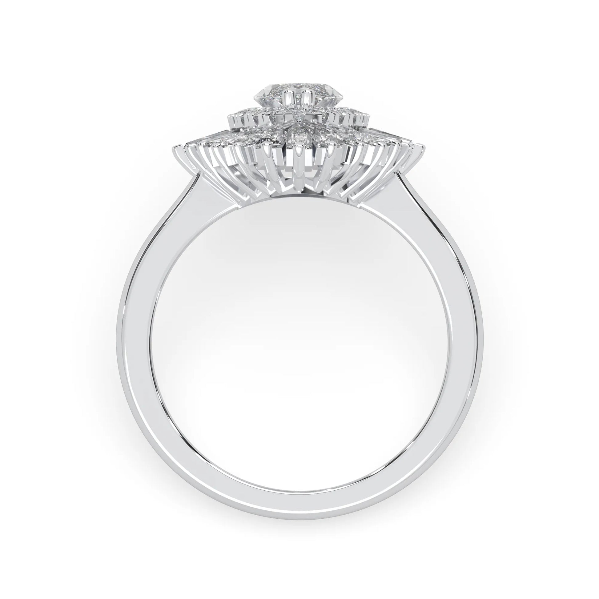 marquise floral double halo lab grown diamond statement engagement ring with round, marquise, and baguette side diamonds in white gold