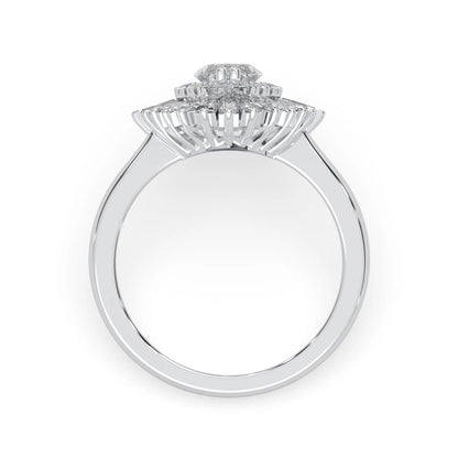 marquise floral double halo lab grown diamond statement engagement ring with round, marquise, and baguette side diamonds in white gold