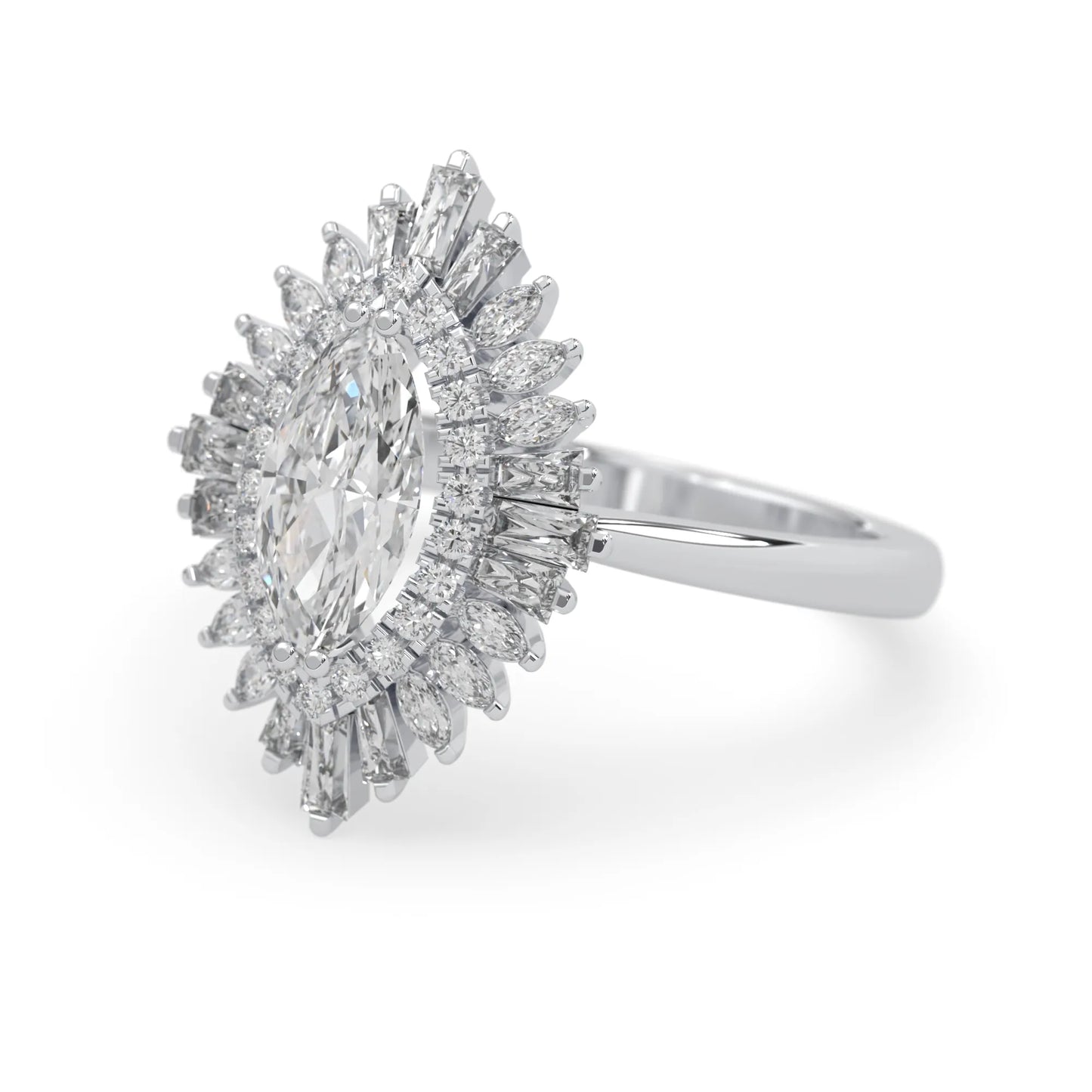 marquise floral double halo lab grown diamond statement engagement ring with round, marquise, and baguette side diamonds in white gold