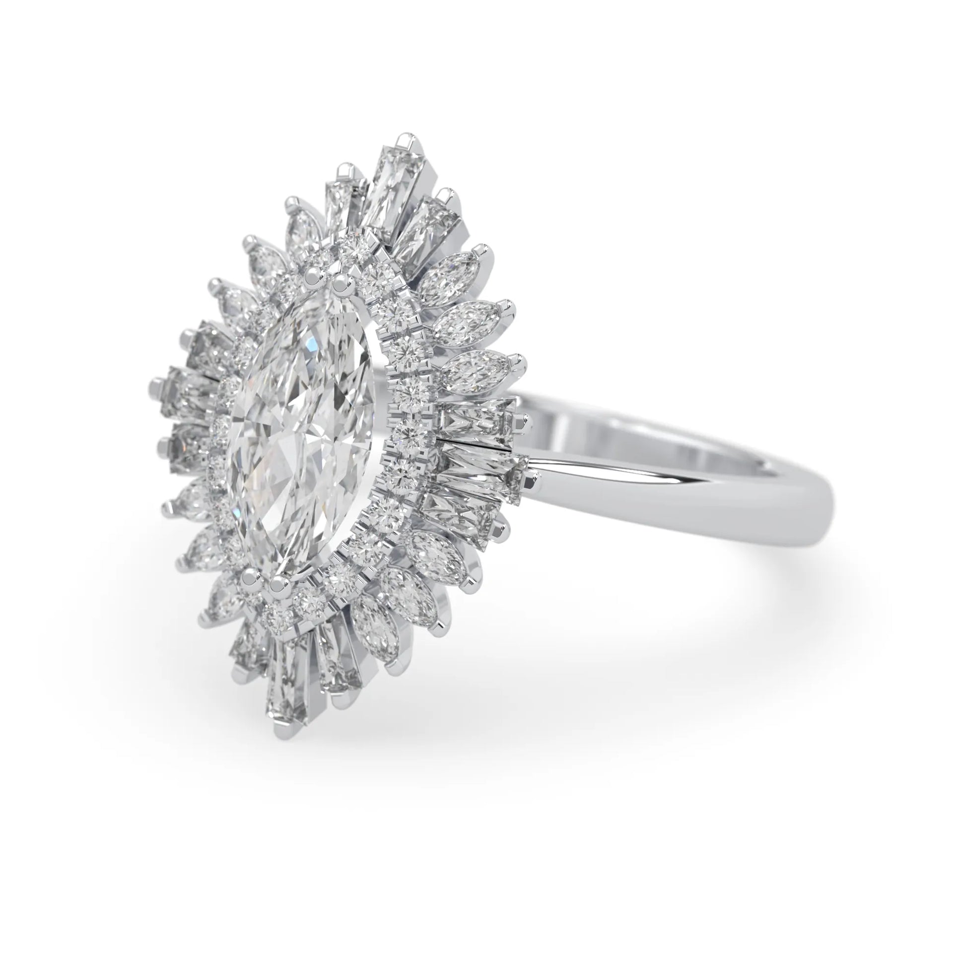 marquise floral double halo lab grown diamond statement engagement ring with round, marquise, and baguette side diamonds in white gold