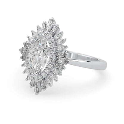 marquise floral double halo lab grown diamond statement engagement ring with round, marquise, and baguette side diamonds in white gold