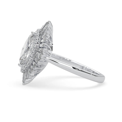 marquise floral double halo lab grown diamond statement engagement ring with round, marquise, and baguette side diamonds in white gold