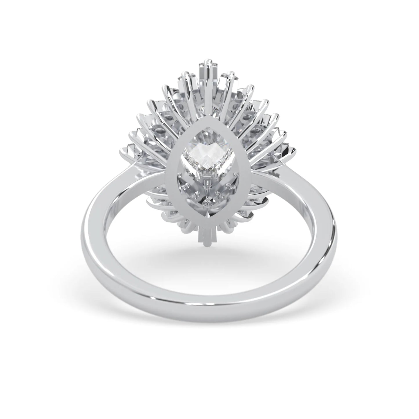 marquise floral double halo lab grown diamond statement engagement ring with round, marquise, and baguette side diamonds in white gold