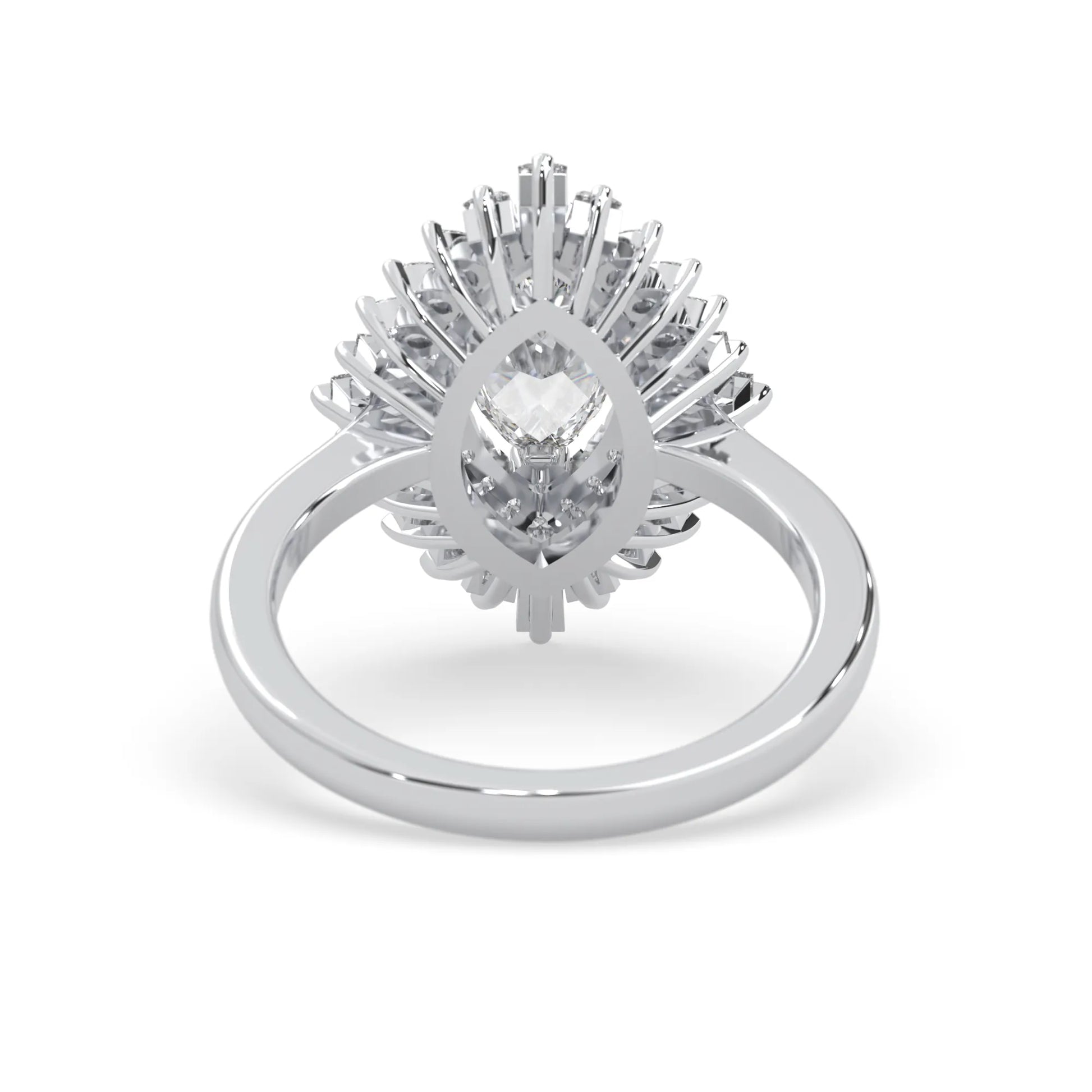 marquise floral double halo lab grown diamond statement engagement ring with round, marquise, and baguette side diamonds in white gold