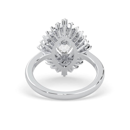 marquise floral double halo lab grown diamond statement engagement ring with round, marquise, and baguette side diamonds in white gold