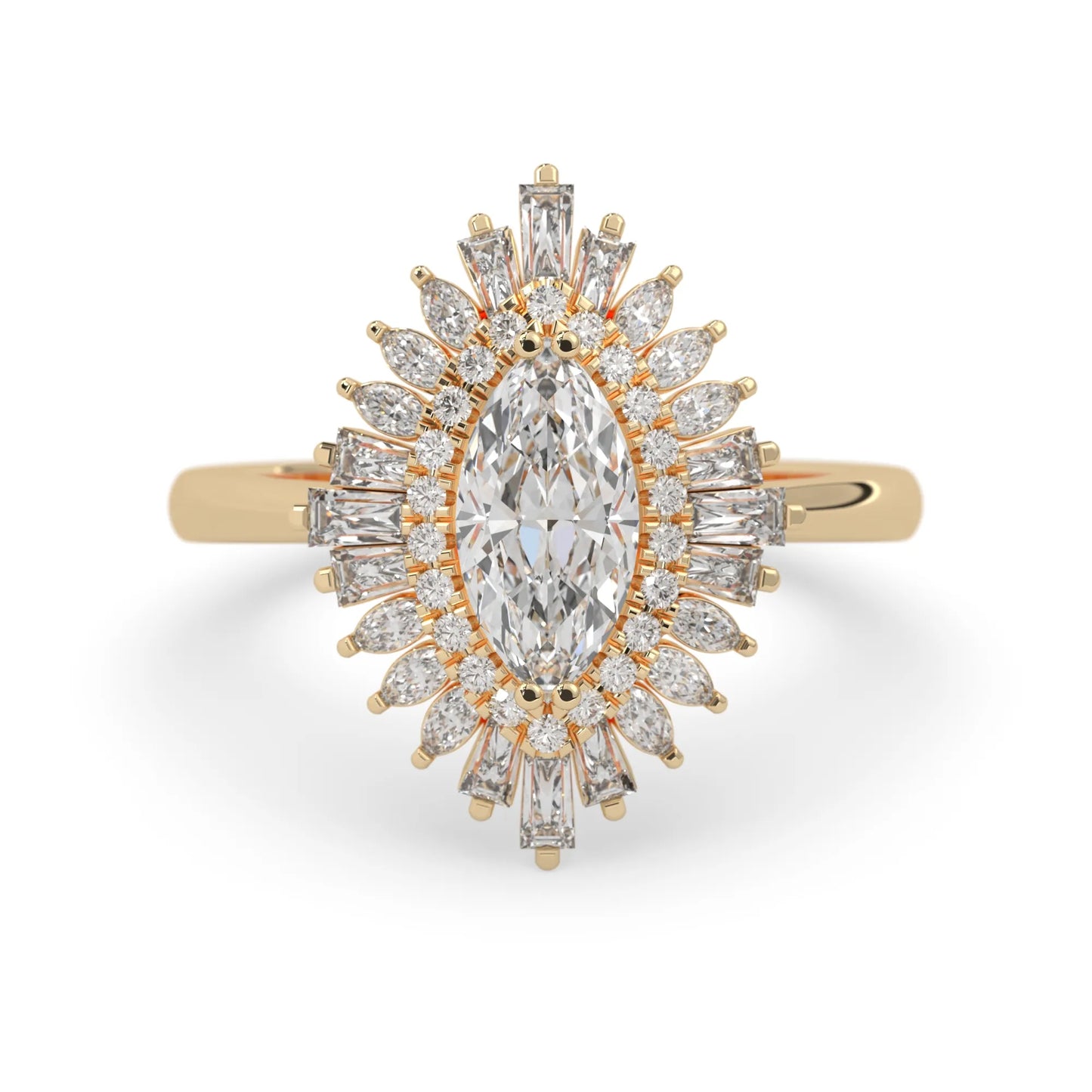 marquise floral double halo lab grown diamond statement engagement ring with round, marquise, and baguette side diamonds in yellow gold