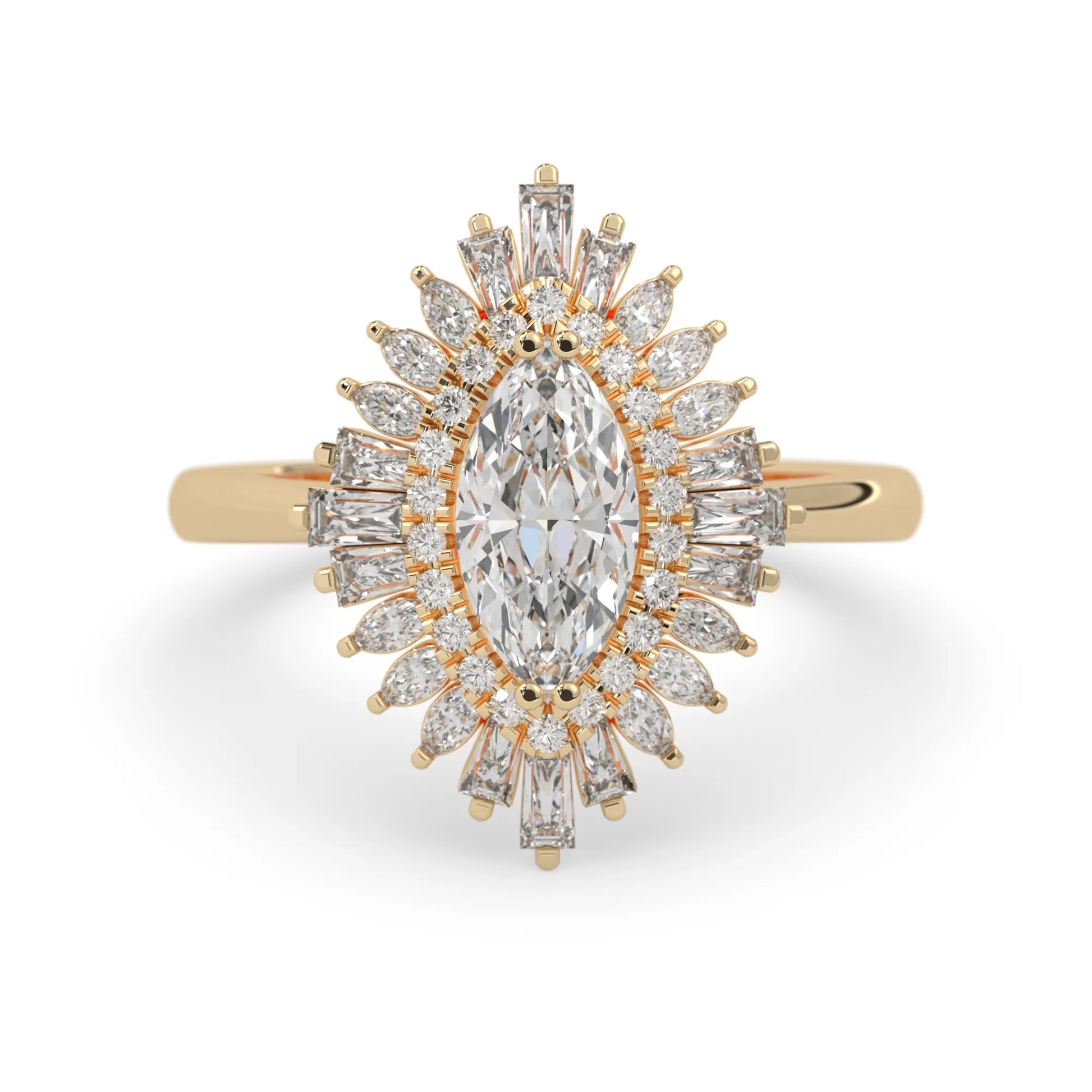 marquise floral double halo lab grown diamond statement engagement ring with round, marquise, and baguette side diamonds in yellow gold