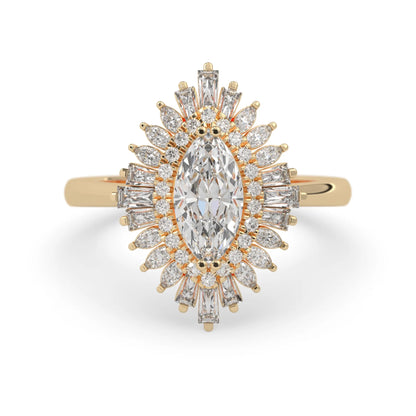 marquise floral double halo lab grown diamond statement engagement ring with round, marquise, and baguette side diamonds in yellow gold