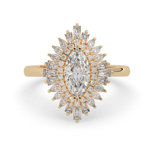 marquise floral double halo lab grown diamond statement engagement ring with round, marquise, and baguette side diamonds in yellow gold