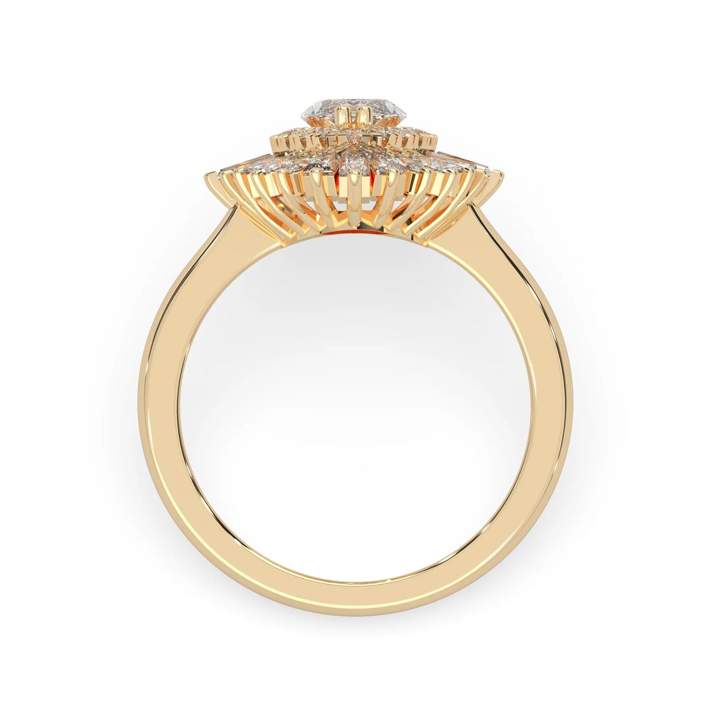 marquise floral double halo lab grown diamond statement engagement ring with round, marquise, and baguette side diamonds in yellow gold