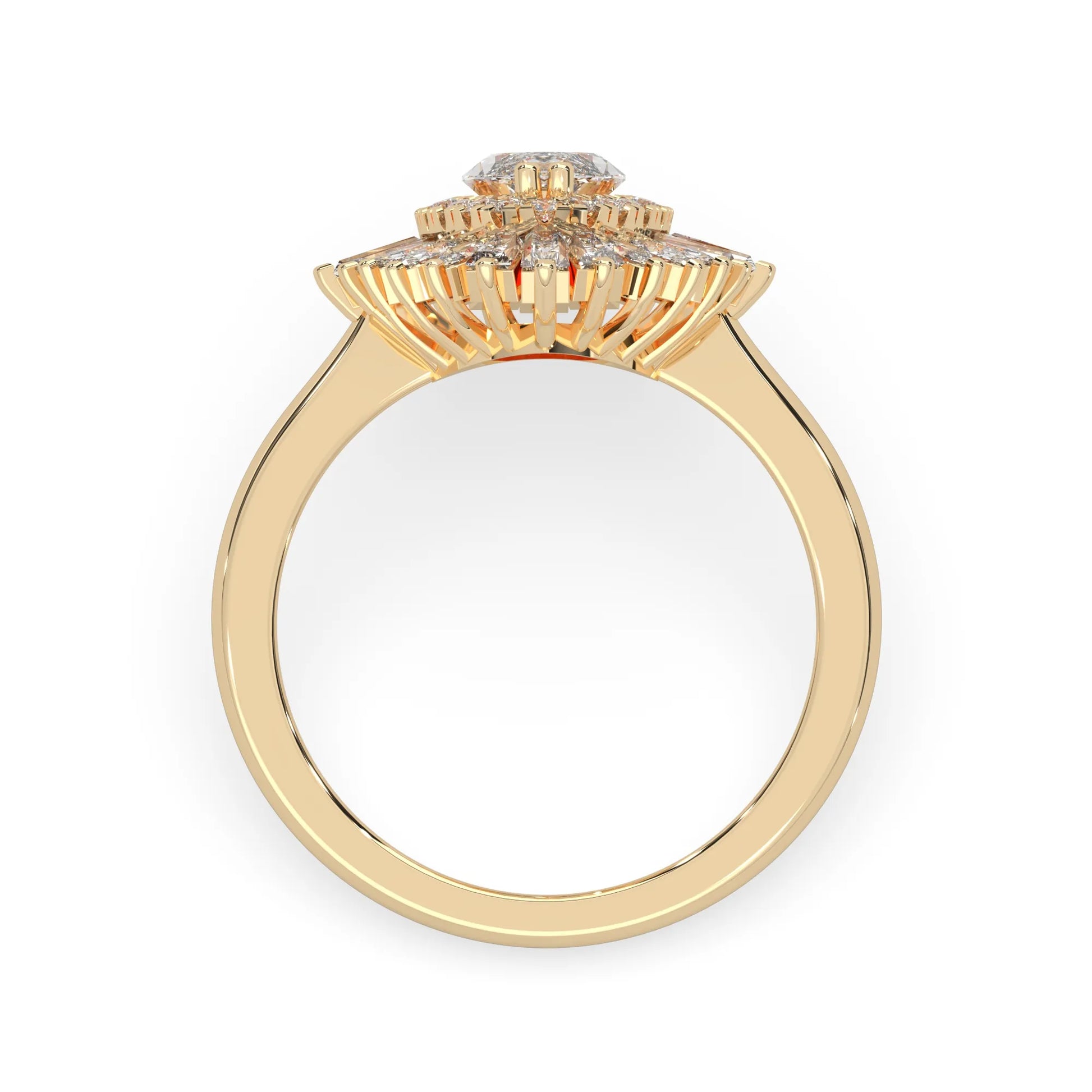 marquise floral double halo lab grown diamond statement engagement ring with round, marquise, and baguette side diamonds in yellow gold