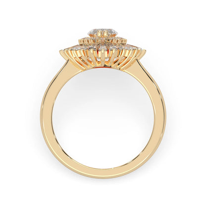marquise floral double halo lab grown diamond statement engagement ring with round, marquise, and baguette side diamonds in yellow gold