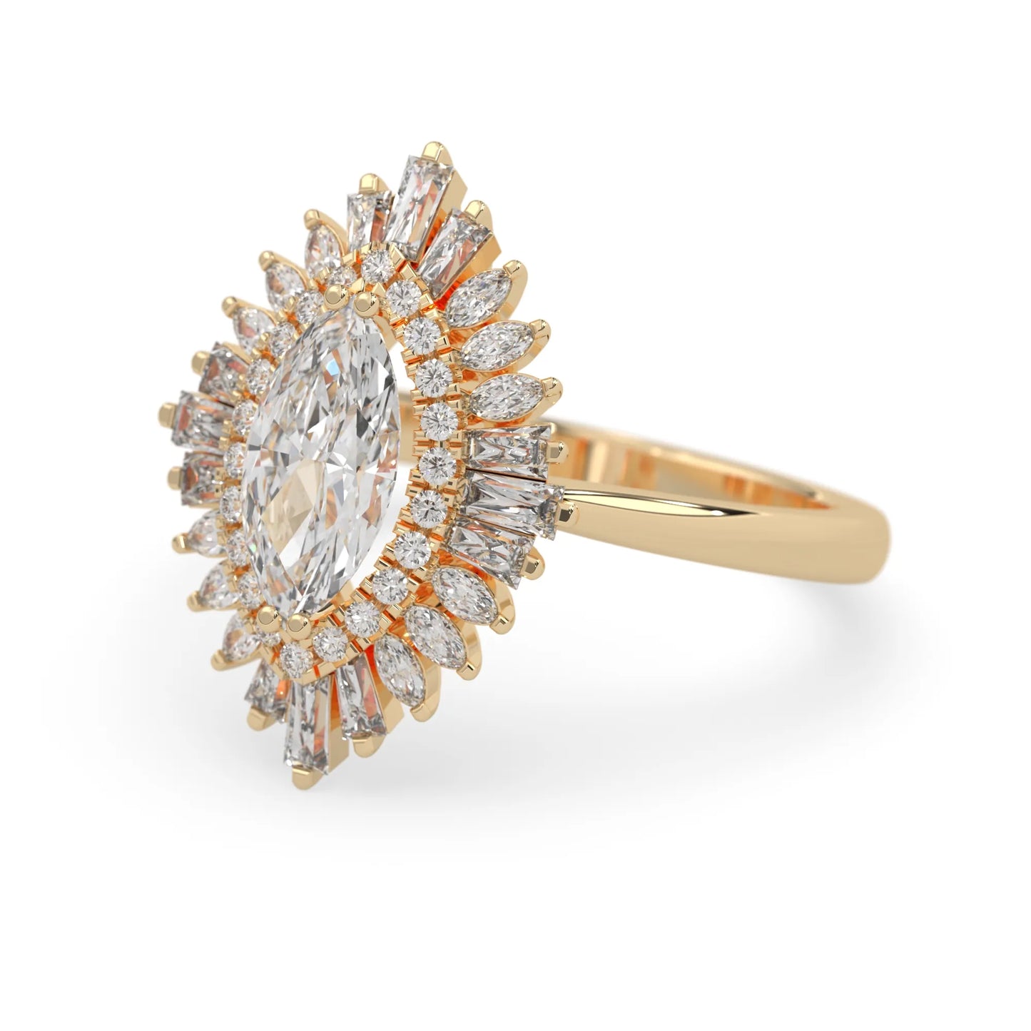 marquise floral double halo lab grown diamond statement engagement ring with round, marquise, and baguette side diamonds in yellow gold