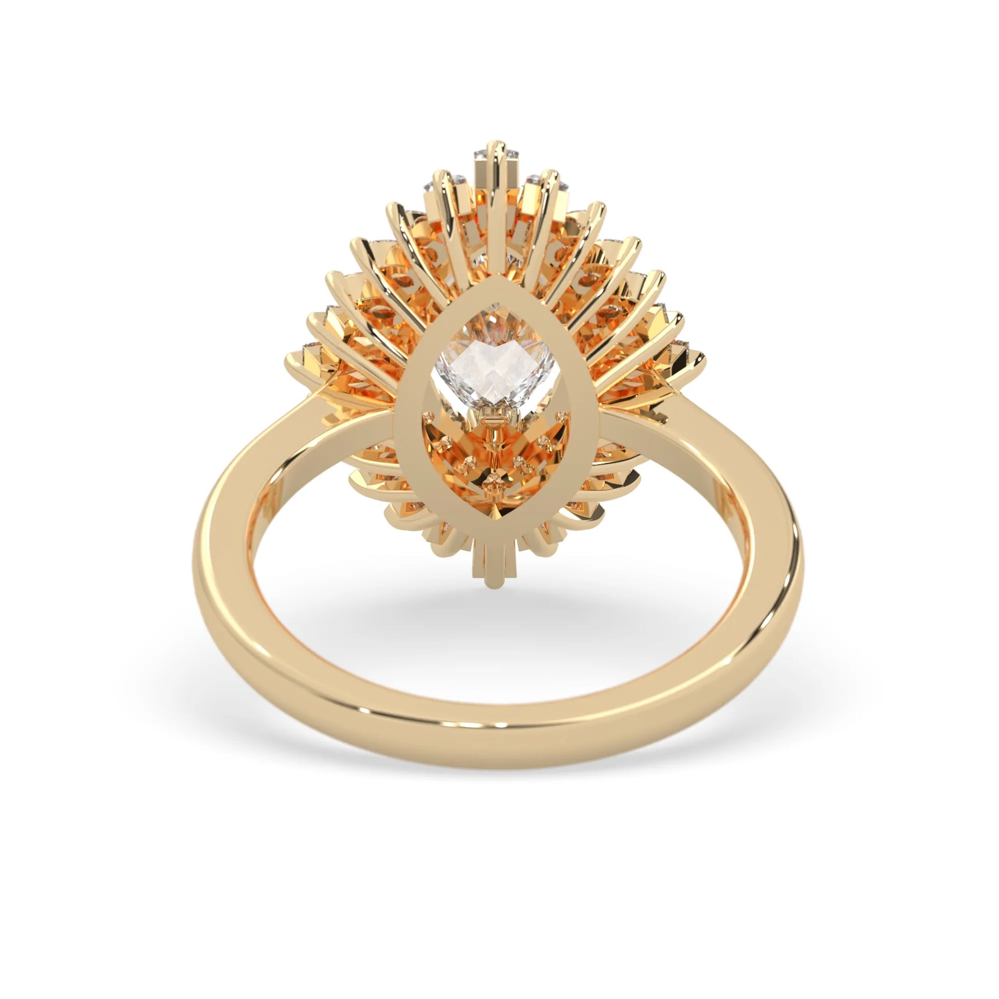 marquise floral double halo lab grown diamond statement engagement ring with round, marquise, and baguette side diamonds in yellow gold