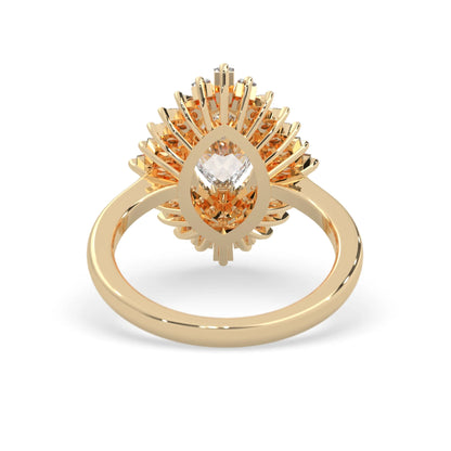marquise floral double halo lab grown diamond statement engagement ring with round, marquise, and baguette side diamonds in yellow gold