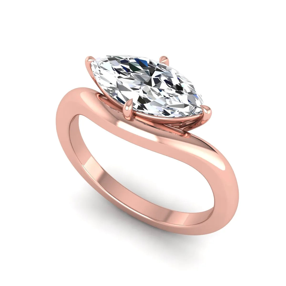 Marquise cut lab grown diamond solitaire engagement ring featuring a four prong cathedral setting with a polished 2 mm band in rose gold tone.