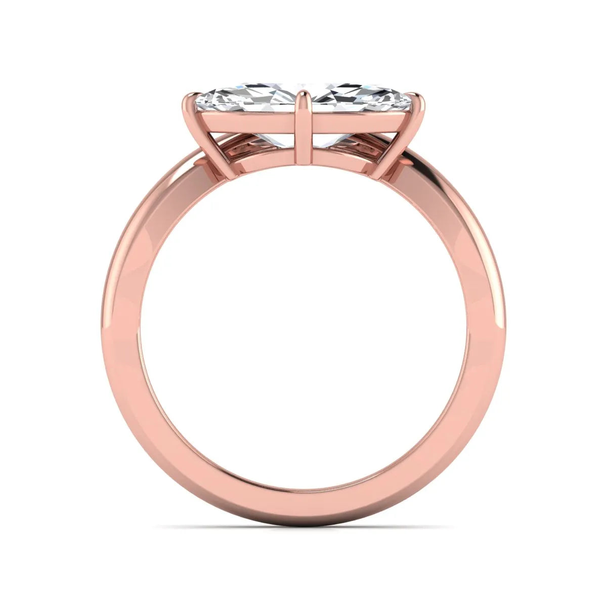 Marquise cut lab grown diamond solitaire engagement ring featuring a four prong cathedral setting with a polished 2 mm band in rose gold tone.