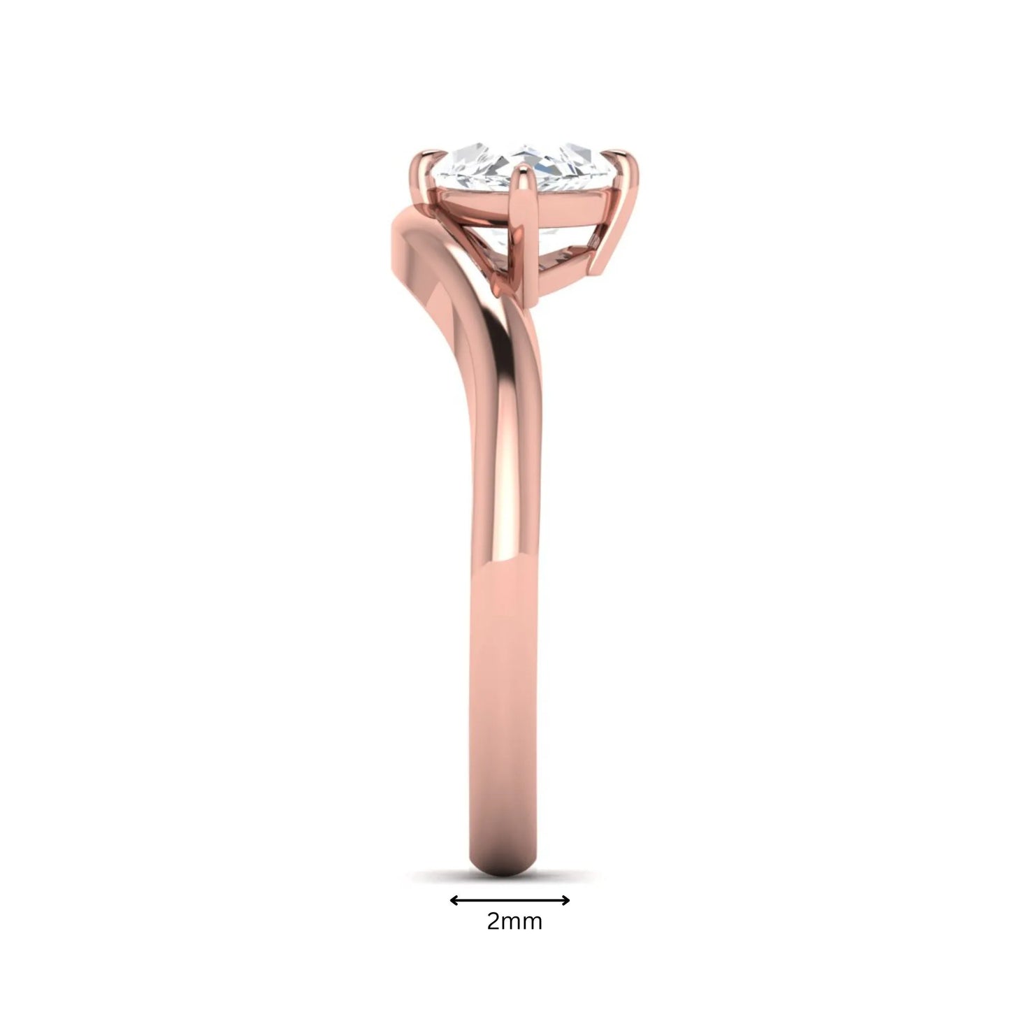 Marquise cut lab grown diamond solitaire engagement ring featuring a four prong cathedral setting with a polished 2 mm band in rose gold tone.