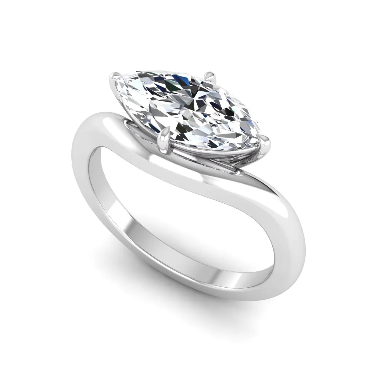 Marquise cut lab grown diamond solitaire engagement ring featuring a four prong cathedral setting with a polished 2 mm band in white gold tone.