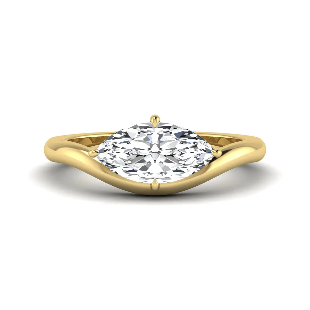 Marquise cut lab grown diamond solitaire engagement ring featuring a four prong cathedral setting with a polished 2 mm band in yellow gold tone.
