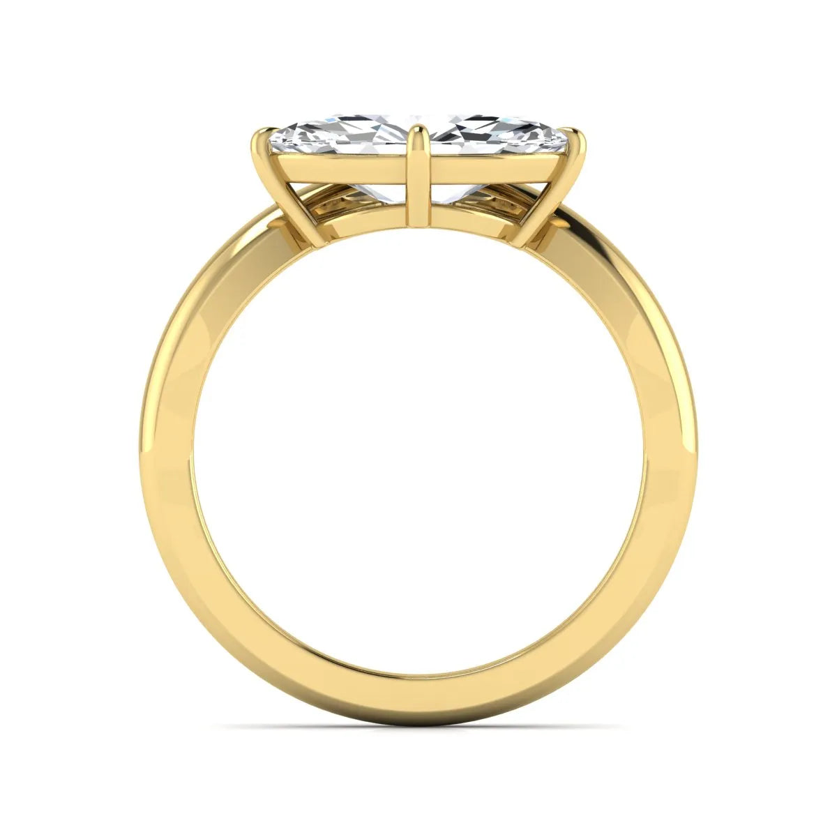 Marquise cut lab grown diamond solitaire engagement ring featuring a four prong cathedral setting with a polished 2 mm band in yellow gold tone.
