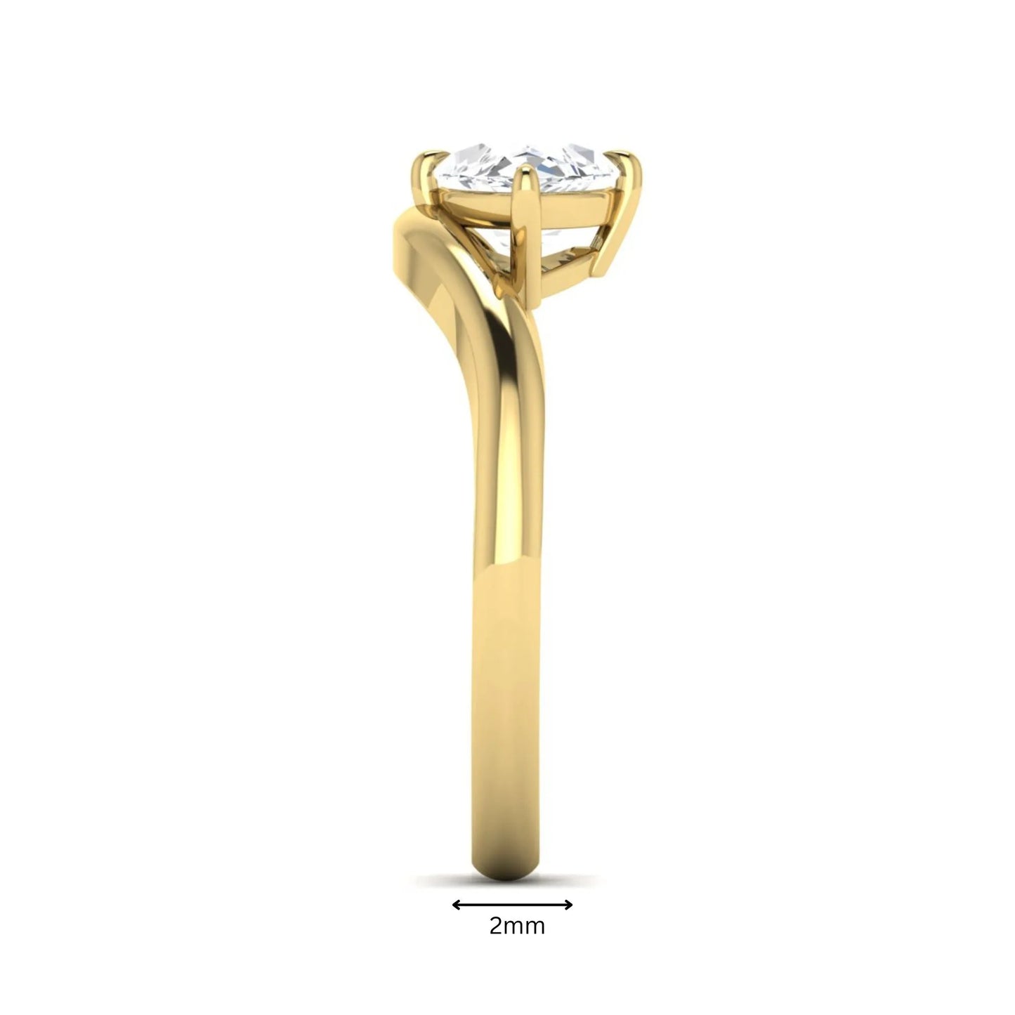 Marquise cut lab grown diamond solitaire engagement ring featuring a four prong cathedral setting with a polished 2 mm band in yellow gold tone.