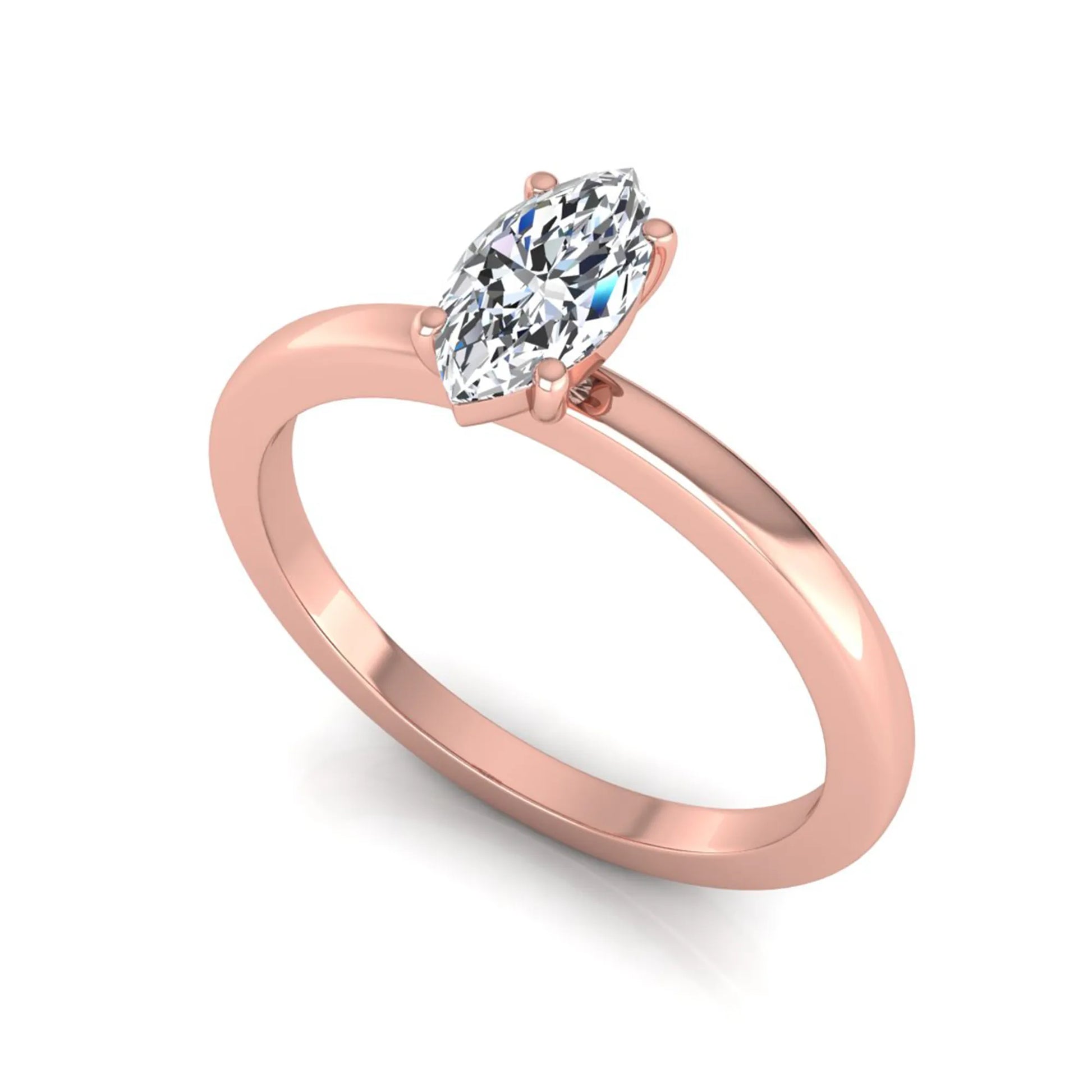 Marquise cut lab grown diamond solitaire engagement ring with four prong setting on rose gold tone band