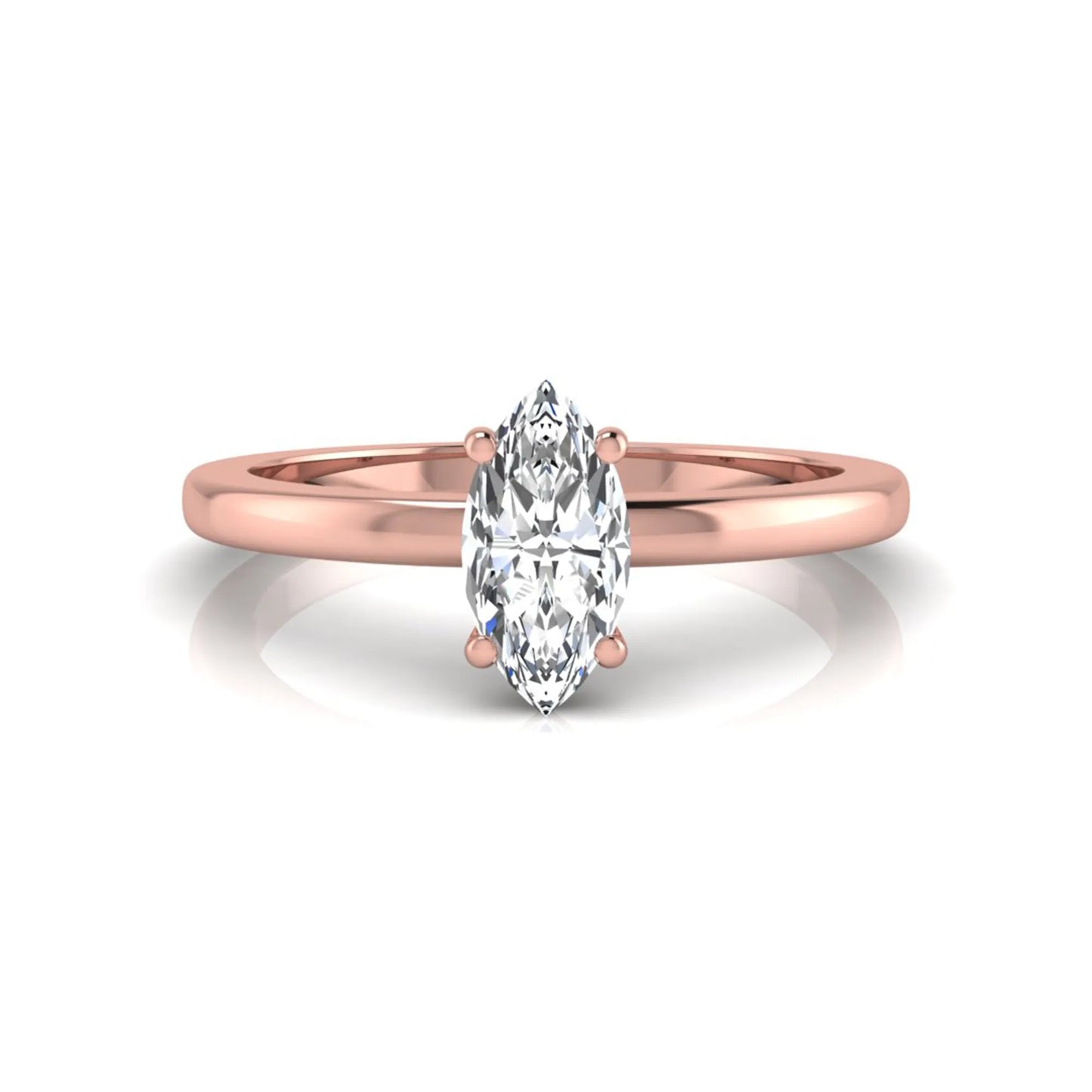 Marquise cut lab grown diamond solitaire engagement ring with four prong setting on rose gold tone band