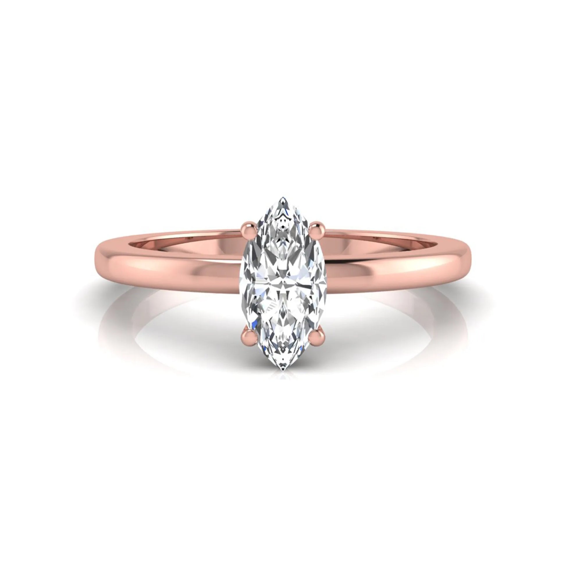 Marquise cut lab grown diamond solitaire engagement ring with four prong setting on rose gold tone band