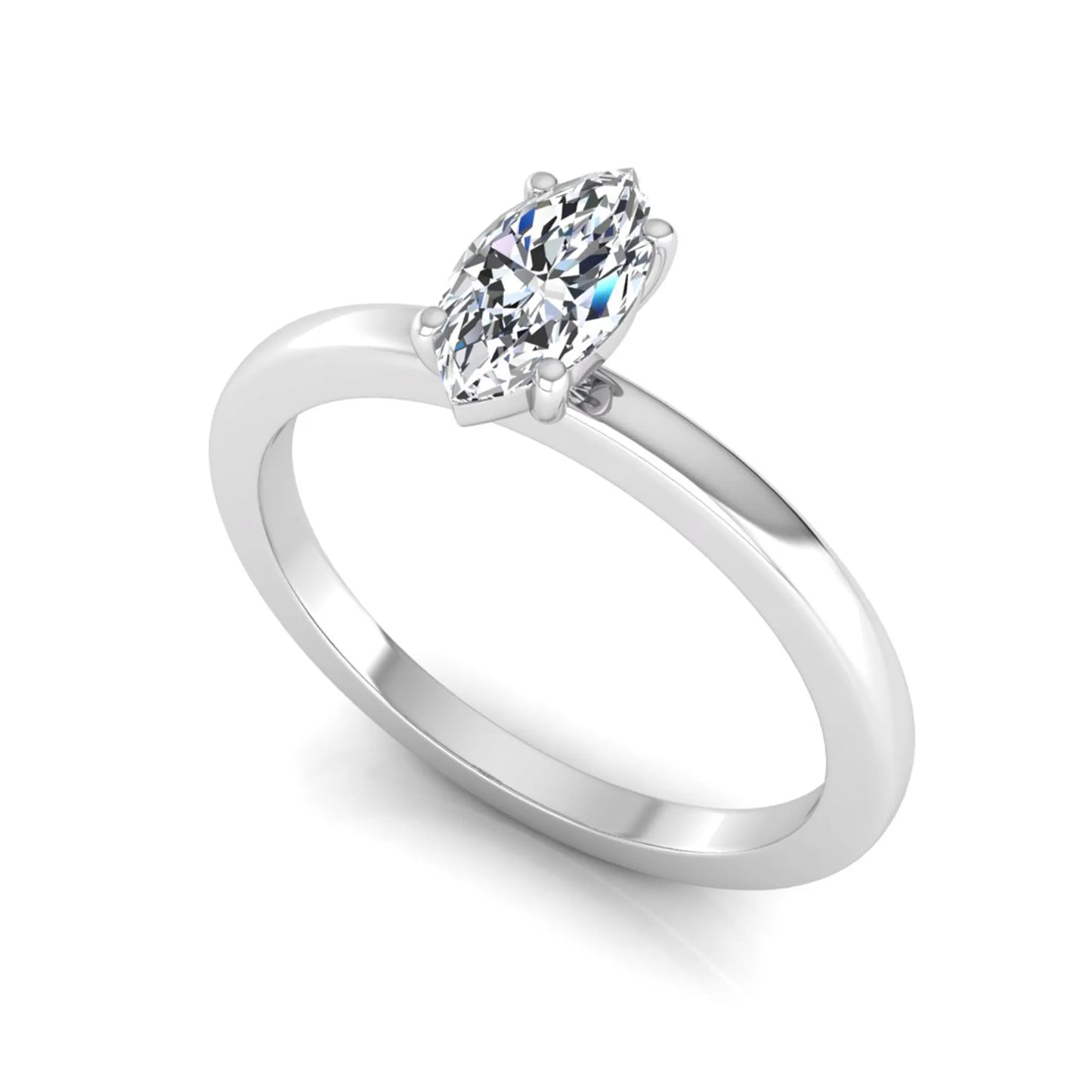 Marquise cut lab grown diamond solitaire engagement ring with four prong setting on white gold tone band
