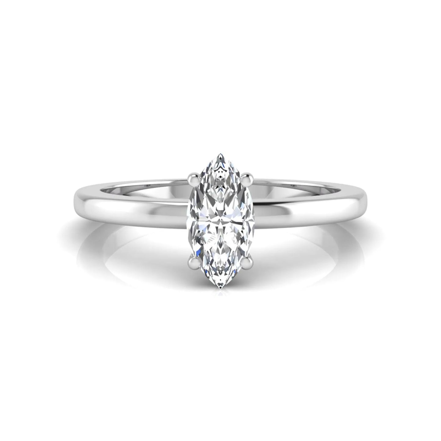 Marquise cut lab grown diamond solitaire engagement ring with four prong setting on white gold tone band